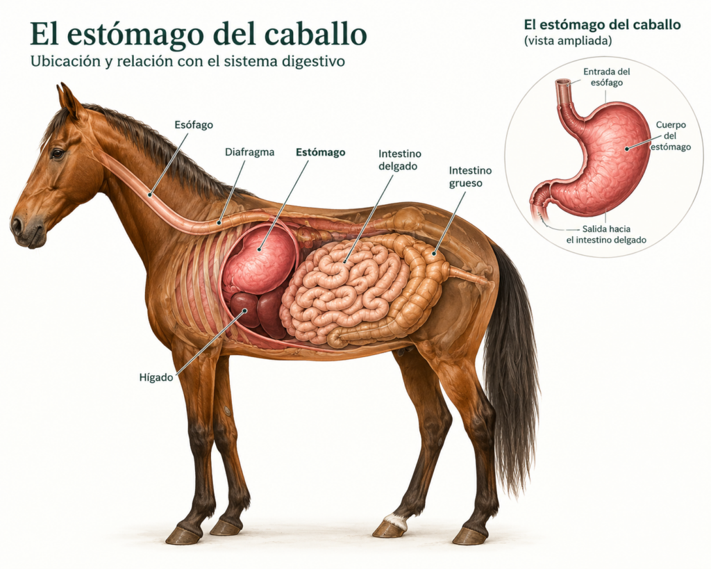 Ilustración anatómica del sistema digestivo del caballo con la ubicación del estómago, el esófago, el diafragma, el hígado y los intestinos.